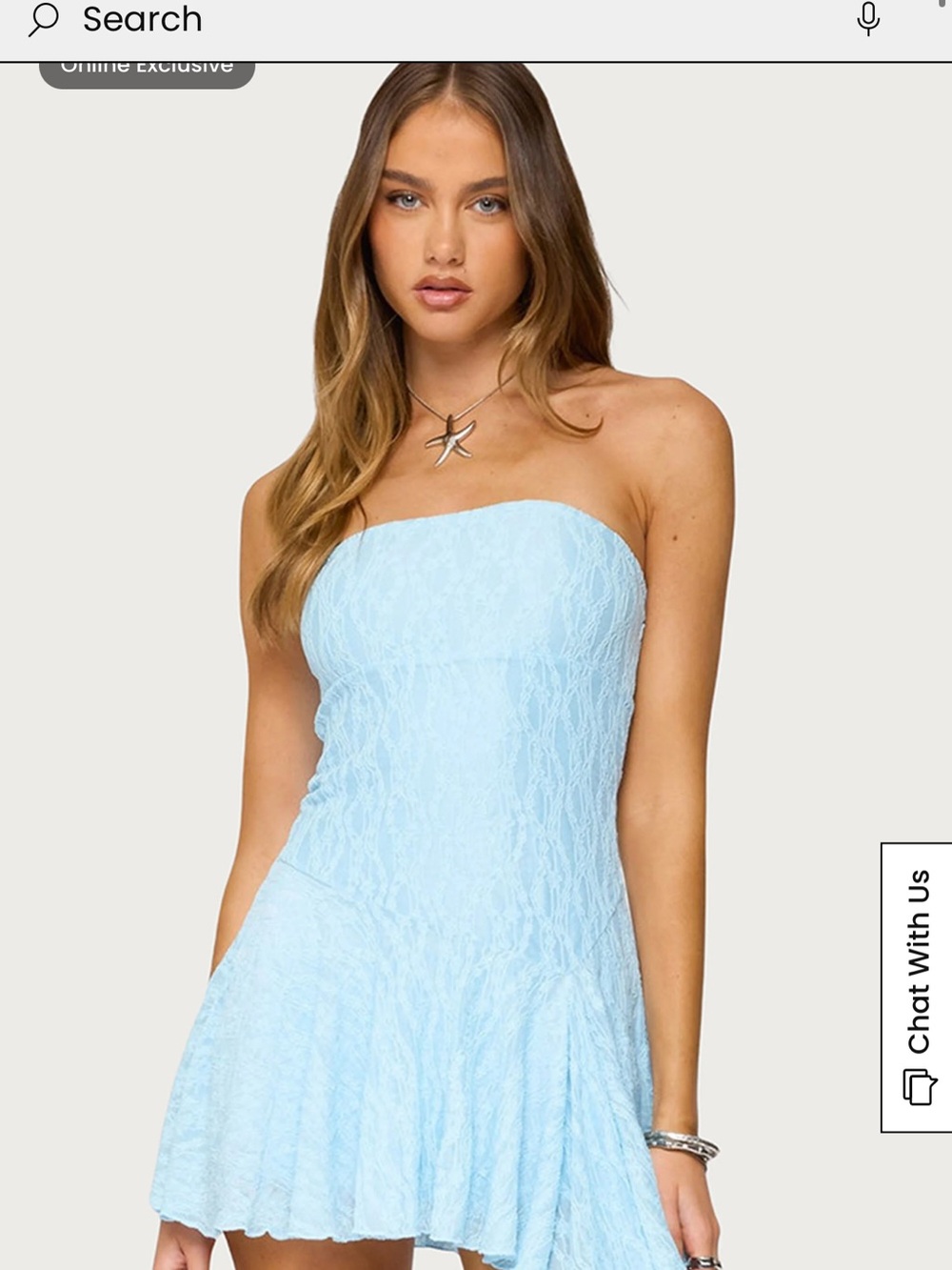 Edikted Strapless Light Blue Lace Fit & Flare Dress